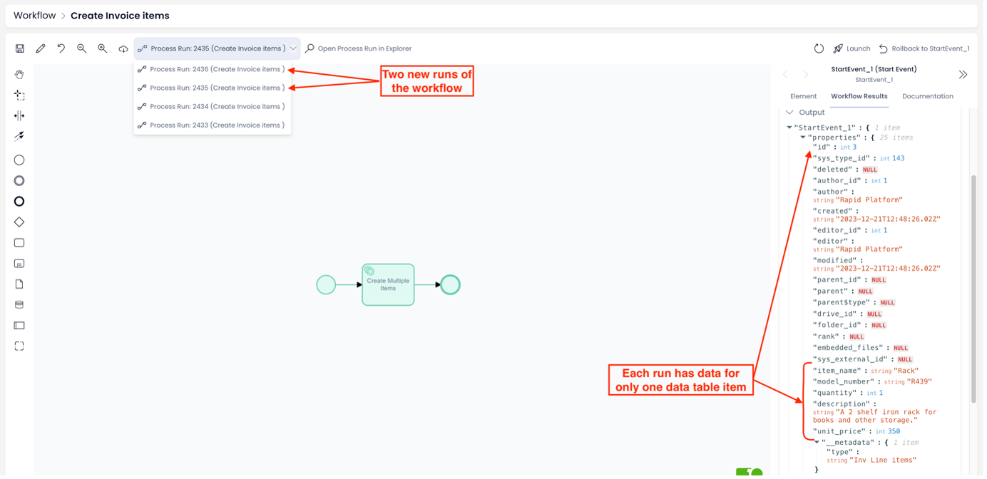 Image showing multiple workflow process runs with one item data per run